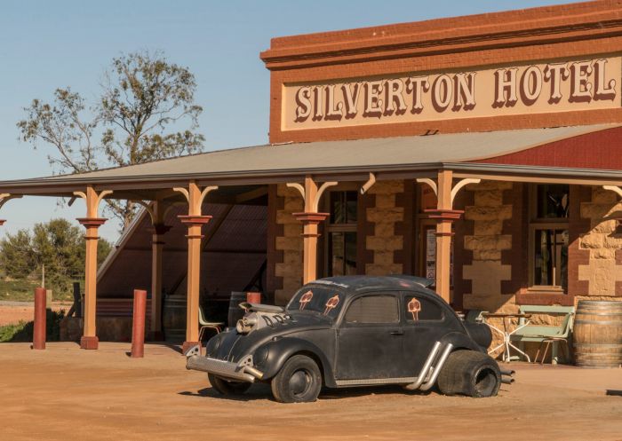 VW buggy featured in the Mad Mad films sitting outside the Silverton Hotel, Silverton